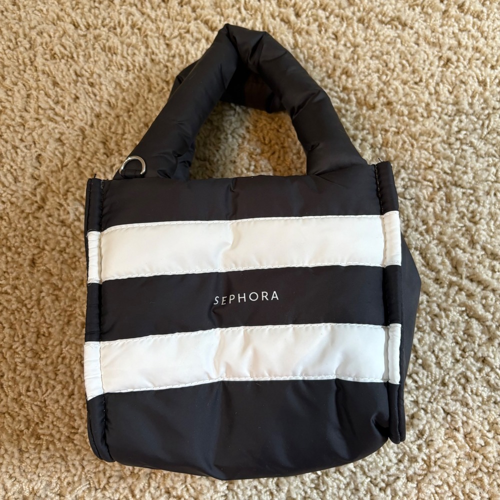 Sephora Black White Striped Puffer Mini Tote Bag Puffy Makeup Cosmetic Case